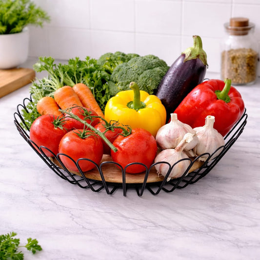 Coș fructe și legume metal cu bază lemn 27 cm, design modern bucătărie